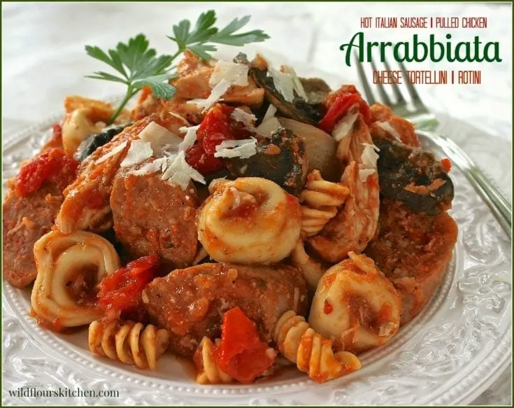 Hot Italian Sausage & Pulled Chicken Arrabbiata with Cheese Tortellini & Rotini (Crock Pot)
