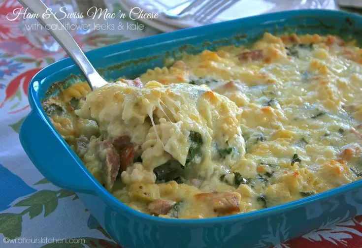 Ham & Swiss Mac 'n Cheese with Cauliflower, Leeks & Kale