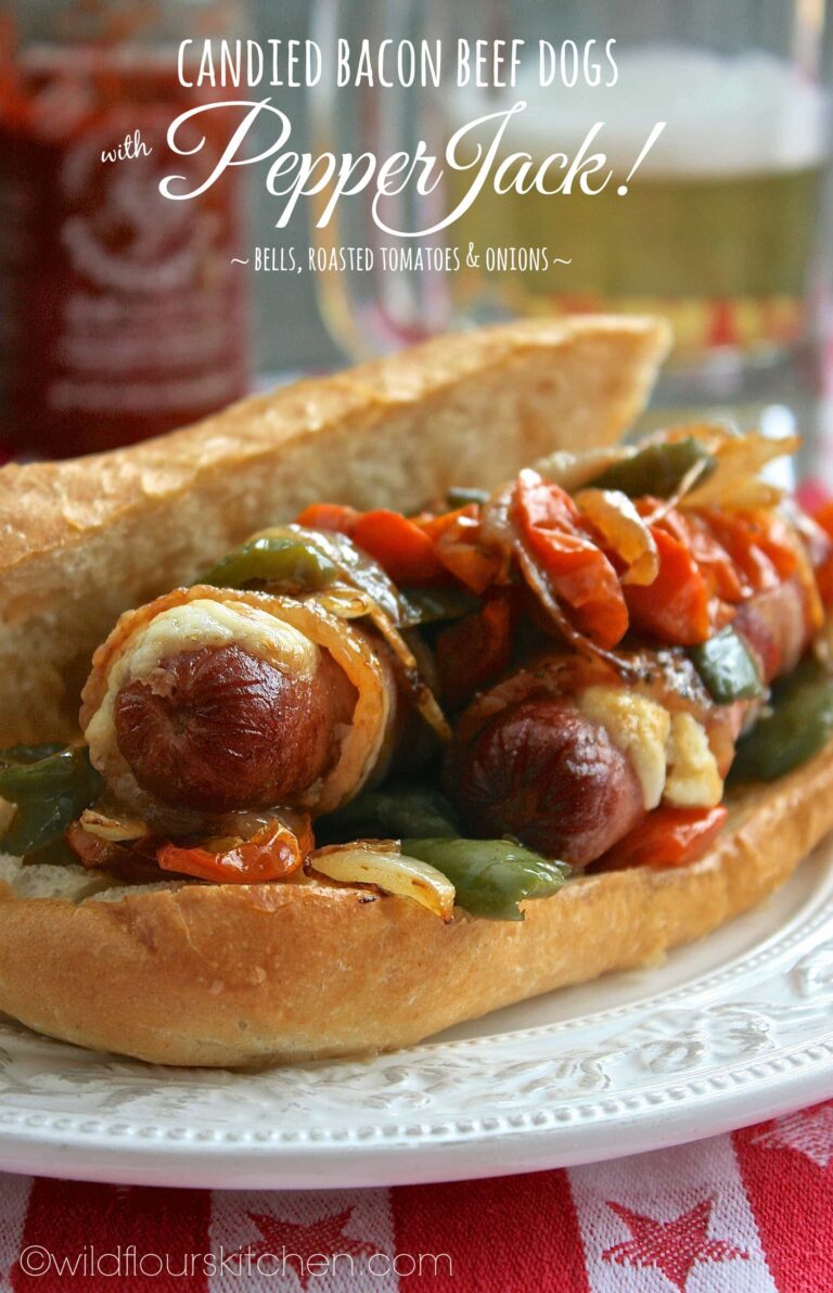 Candied Bacon-Wrapped Beef Dogs with Pepper Jack Cheese, Bells, Roasted Grape Tomatoes & Onions