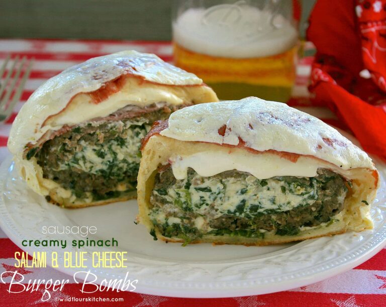 Creamy Spinach & Blue Cheese Stuffed Burger Bombs with Sausage, Salami, Fresh Mozzarella, & Honey-Mustard Aioli