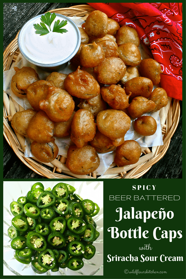 Spicy Beer Battered Jalapeño Bottle Caps & Sriracha Sour Cream