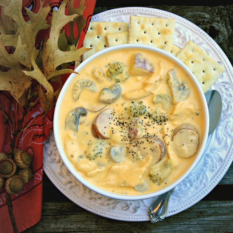 Creamy Cheddar Chicken Broccoli Soup with Mushrooms, Apple Sausage and Canadian Bacon