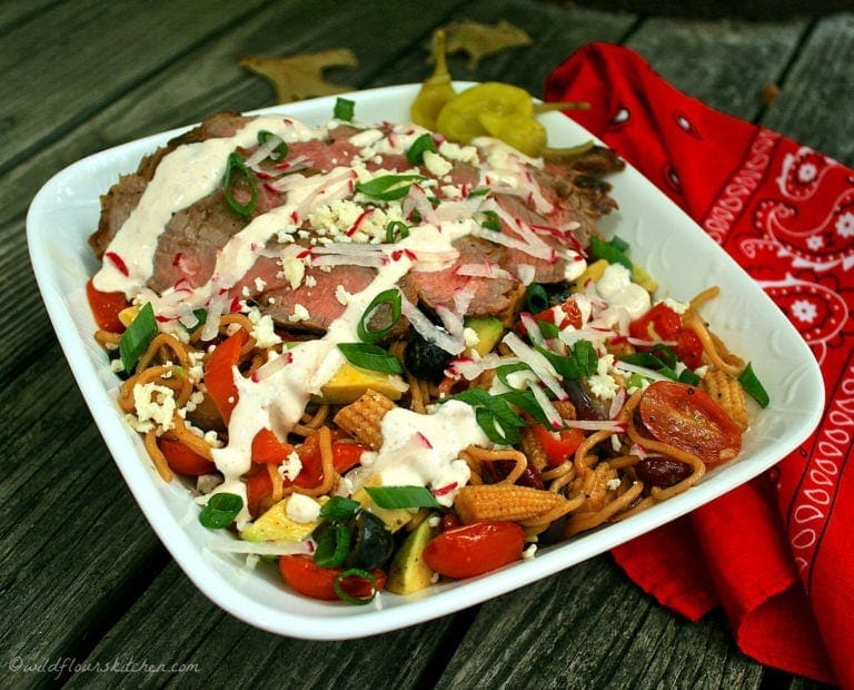 "The Asian Cowboy" Spicy Grilled Yakisoba Noodle Salad with Carne Asada & Chipotle Crema / JSL Foods & Fortune Noodle Blogger Challenge Part II