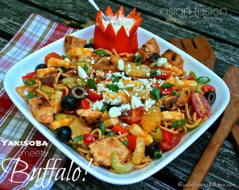 Yakisoba Buffalo Grilled Chicken & Bacon Noodle Salad with Pineapple & Spicy Blue Cheese Crema / JSL Foods & Fortune Blogger Recipe Challenge Part III