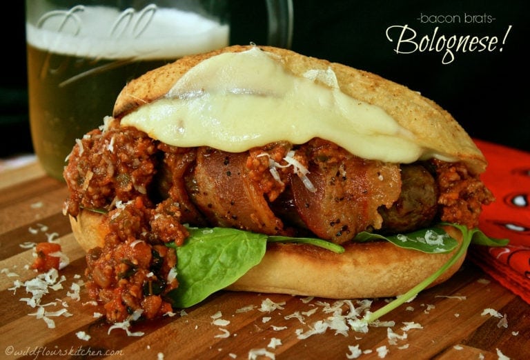 Bacon Wrapped Bratwursts Bolognese with Provolone