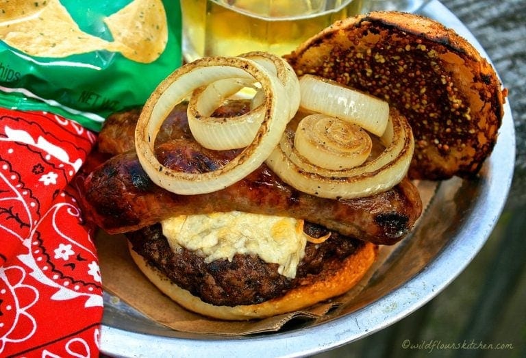 Brat Burgers with Horseradish Cheese, Whole Grain Mustard and Buttery Garlic Grilled Onions
