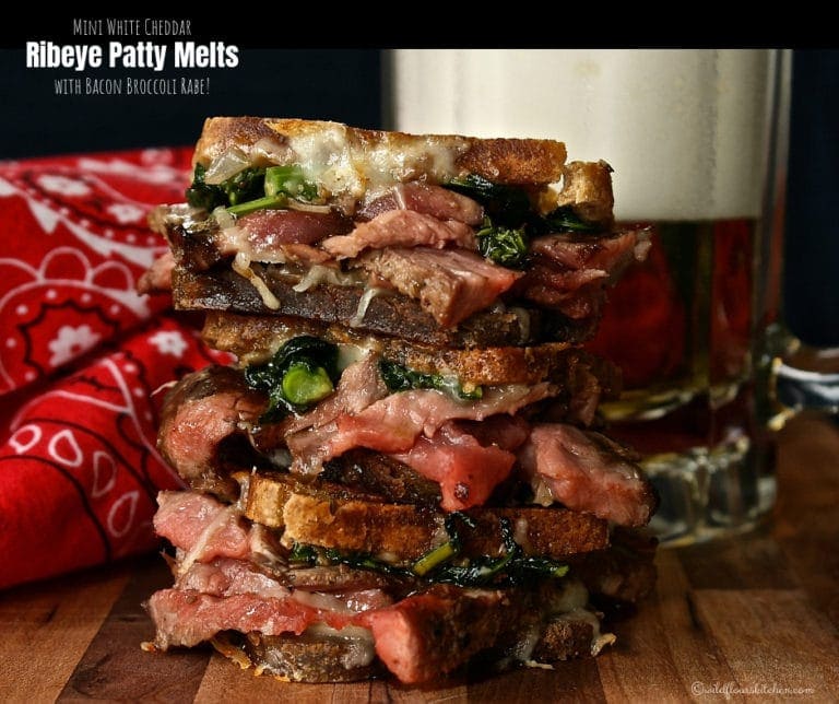 Mini White Cheddar Ribeye Patty Melts with Bacon Broccoli Rabe